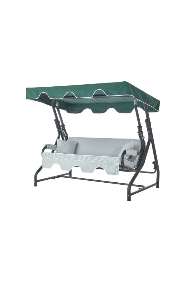 Olea 3 Kişilik Bahçe Balkon Teras Salıncağı - Minder: Yeşil Çizgili Tente: Yeşil